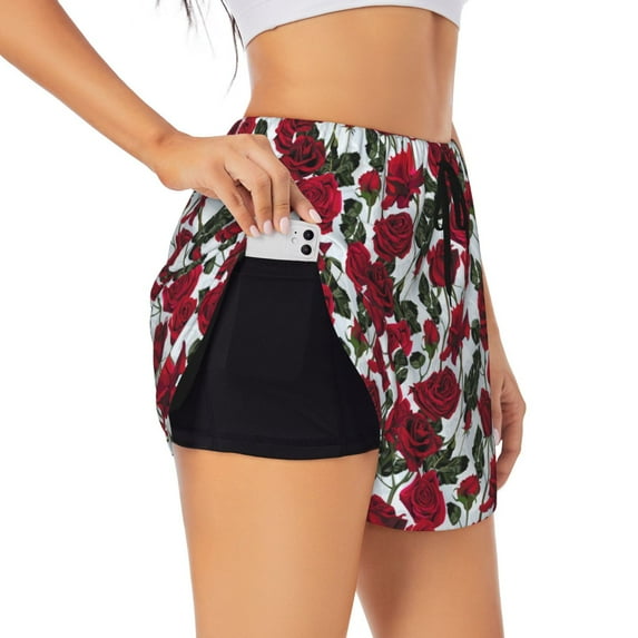 Daiia Rose Flowers Pattern Women's 2 in 1 Running Shorts - Lightweight Athletic Workout Gym Yoga Shorts Liner with Phone Pockets-XX-Large