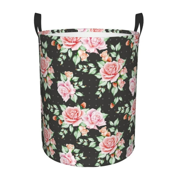 Daiia Rose Flowers Round Laundry Basket with Handles Thickened Waterproof Circular hamper,Dirty Clothes Storage Basket for Bedroom,Bathroom,College Dorm-Medium