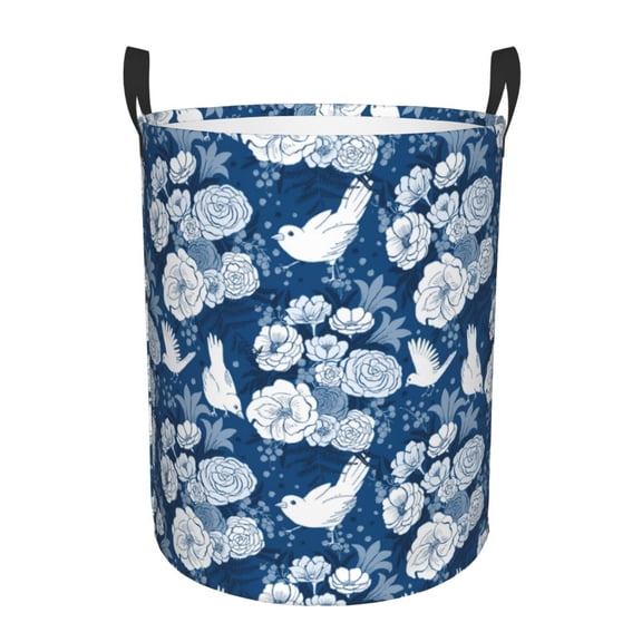 Daiia Rose Flowers Round Laundry Basket with Handles Thickened Waterproof Circular hamper,Dirty Clothes Storage Basket for Bedroom,Bathroom,College Dorm-Small