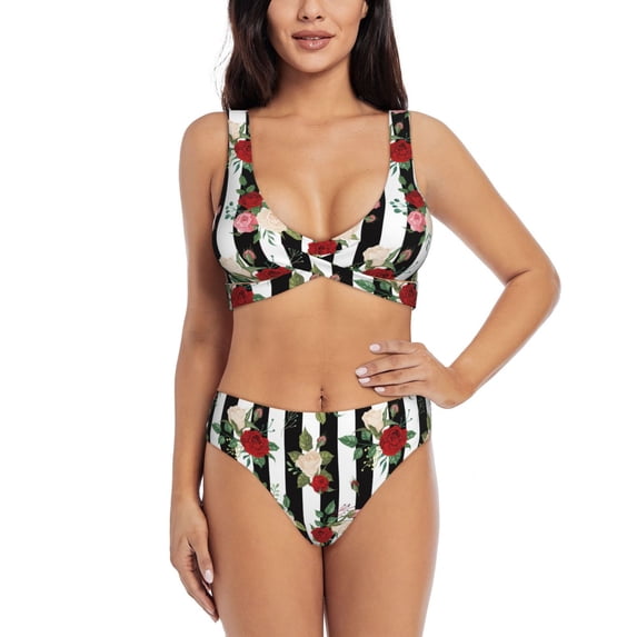 Daiia Rose Flowers Women's Bikini Set Two Piece Swimsuit High Waisted Bikini Adjustable Straps Bikini Perfect for Beach, Pool, and Summer Vacation-Large