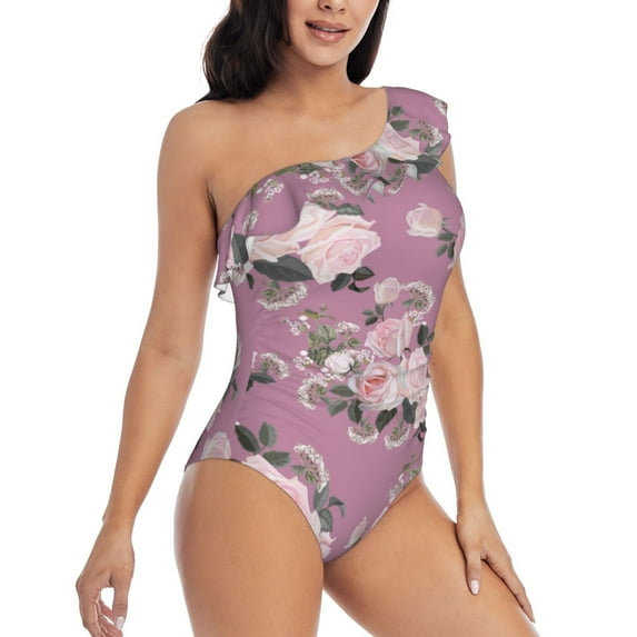 Daiia Rose Flowers Women's One Piece Swimsuits Personalized One Shoulder Swimwear Asymmetric Ruffle Bathing Suits-Large