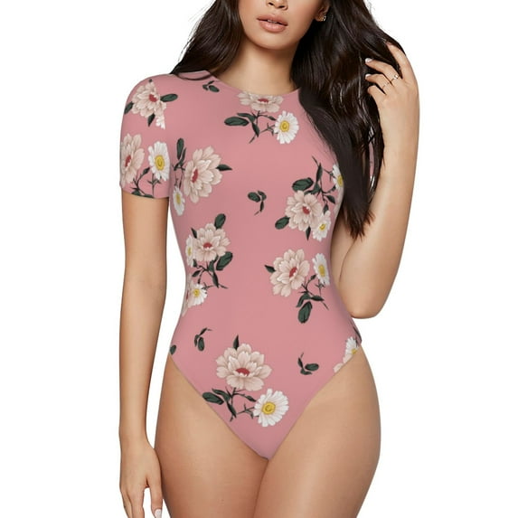 Daiia Rose Flowers print Women's Crew Neck Short Sleeve Bodysuit Fashion Tops Fit Casual Basic Extender Bodysuit-Large