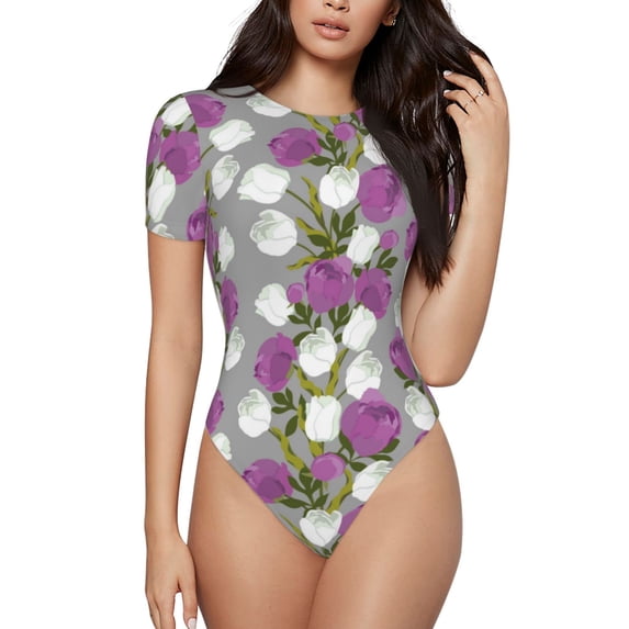 Daiia Rose Flowers print Women's Crew Neck Short Sleeve Bodysuit Fashion Tops Fit Casual Basic Extender Bodysuit-Large