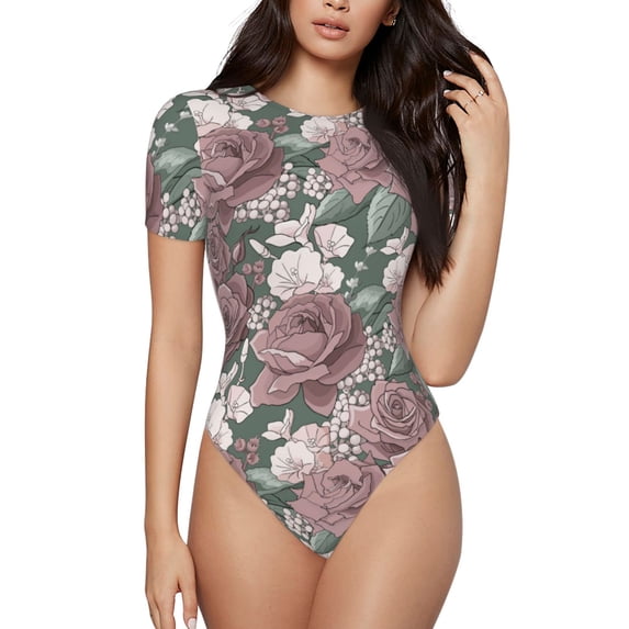 Daiia Rose Flowers print Women's Crew Neck Short Sleeve Bodysuit Fashion Tops Fit Casual Basic Extender Bodysuit-Medium