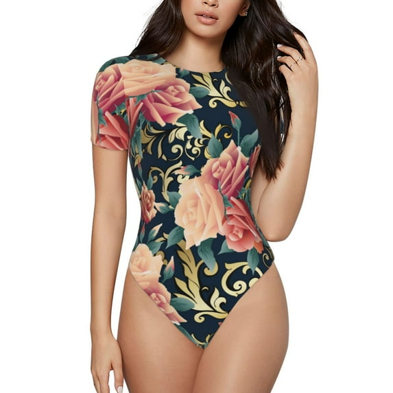 Daiia Rose Flowers print Women's Crew Neck Short Sleeve Bodysuit Fashion Tops Fit Casual Basic Extender Bodysuit-Small