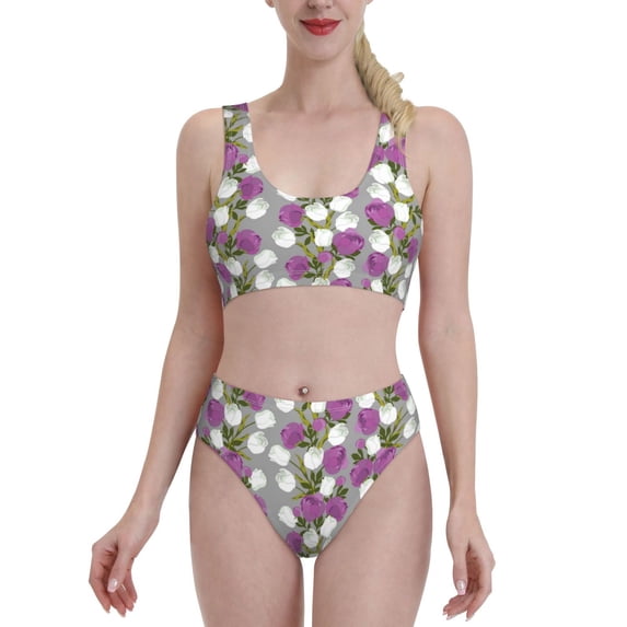 Daiia Rose Flowers printed 2 piece Swimsuit Bikinis for Women High Waisted Racerback Bathing Suits Summer Tummy Control Scoop Neck Swimwear-Small