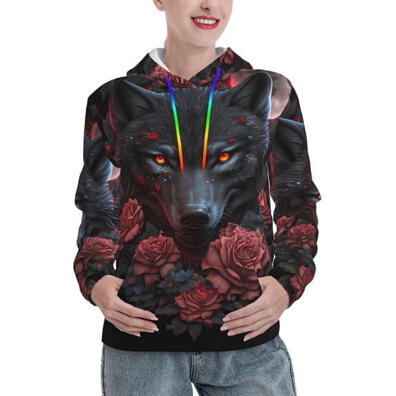Daiia Rose Full Moon Black Wolf Pattern Women's Fashion Hoodies & Sweatshirts with Kangaroo Pocket Hooded Sweatshirt with Eye-catching Drawstrings-XX-Large