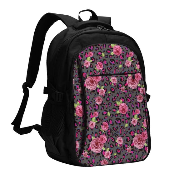 Daiia Rose Mix Leopard 2 Pattern USB Charging Backpack for Men and Women, Anti-Theft Backpack,Travel Backpack,School Backpack,College Backpack,Laptop Backpack