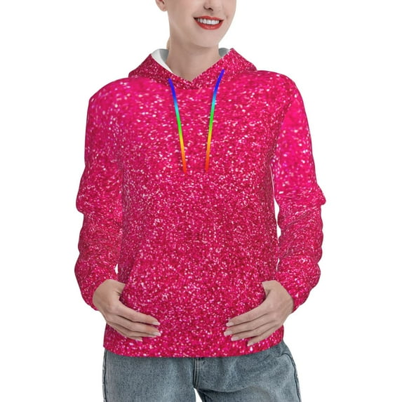 Daiia Rose Red Glitter Pattern Women's Fashion Hoodies & Sweatshirts with Kangaroo Pocket Hooded Sweatshirt with Eye-catching Drawstrings-X-Large