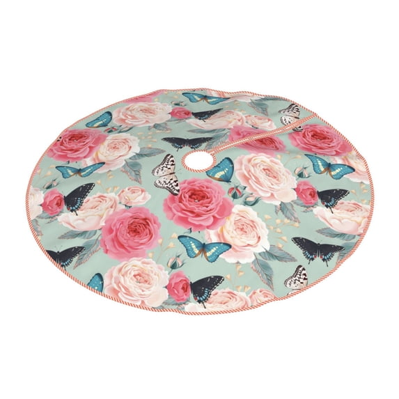 Daiia Roses and Butterflies Drawing Merry Christmas Tree Skirt , Xmas Large Lace-up Tree Skirt, Santa Snowflakes Rustic Home Decorations New Year Party Farmhouse Decor-36"