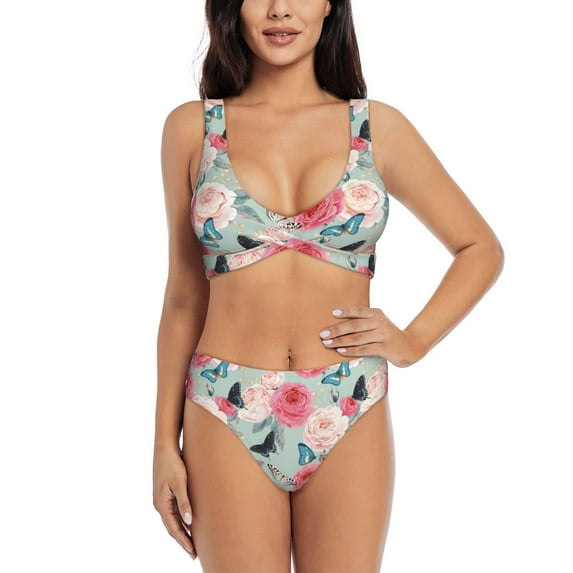 Daiia Roses and Butterflies Women's Bikini Set Two Piece Swimsuit High Waisted Bikini Adjustable Straps Bikini Perfect for Beach, Pool, and Summer Vacation-X-Large