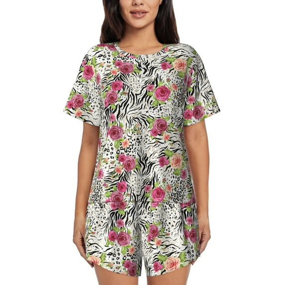 Daiia Roses Mixed Zebra Pattern Womens Pajama Sets Short Sleeve Pajamas for Women Sets Soft Lounge Sets Casual Round Neck Sleepwear PJS-3X-Large