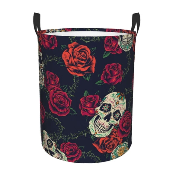 Daiia Roses Skulls Round Laundry Basket with Handles Thickened Waterproof Circular hamper,Dirty Clothes Storage Basket for Bedroom,Bathroom,College Dorm-Medium