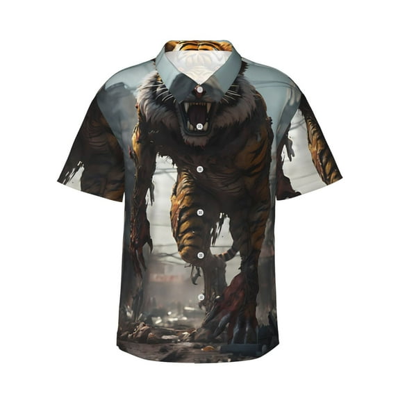 Daiia Ruins Tiger Warrior Hawaiian Shirt for Men Gentle Cotton Regular Short Sleeve Casual-X-Large