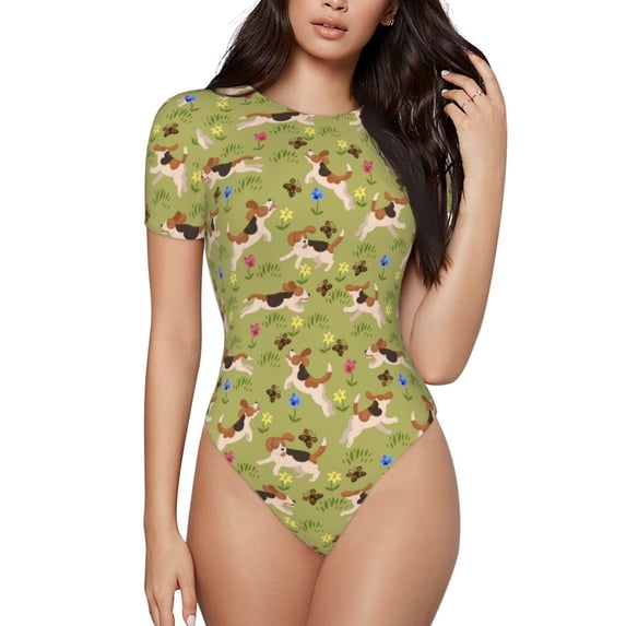 Daiia Running Beagle print Women's Crew Neck Short Sleeve Bodysuit Fashion Tops Fit Casual Basic Extender Bodysuit-Small