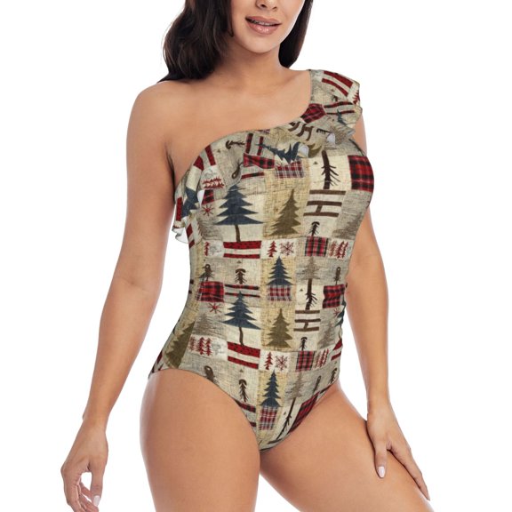 Daiia Rustic Plaid Forest Lodge Women's One Piece Swimsuits Personalized One Shoulder Swimwear Asymmetric Ruffle Bathing Suits-XX-Large
