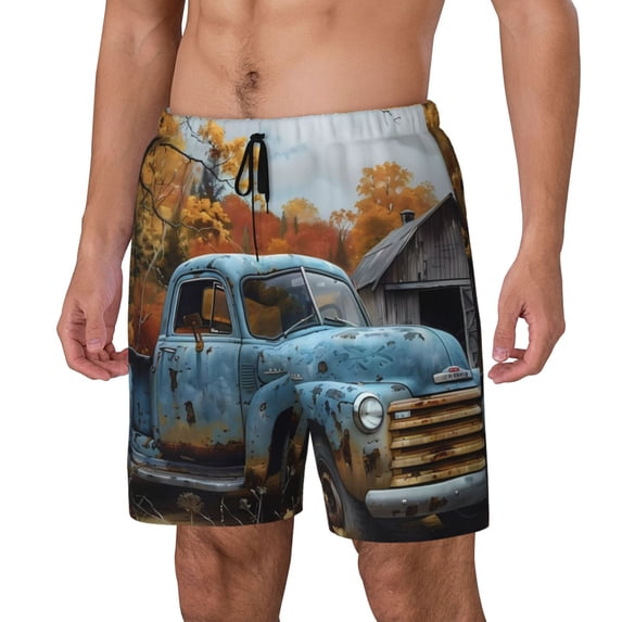 Daiia Rustic Vintage Truck Autumn Mens Swim Trunks Swim Shorts Quick Dry Swim Shorts with Mesh Lining Pockets-Medium