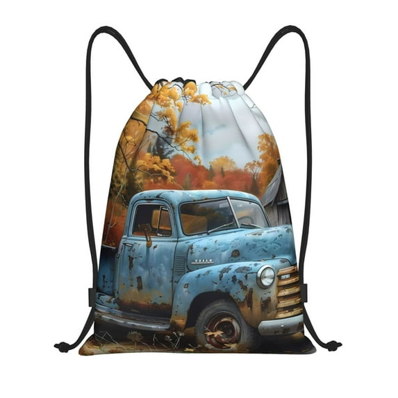 Daiia Rustic Vintage Truck Autumn Pattern Drawstring Backpack, Gym Bag, Lightweight Backpack, Water-Resistant Bag Travel Sports Backpack, Fitness Bag, Yoga Bag-Medium
