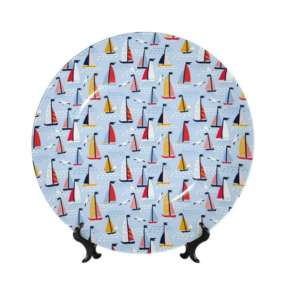 Daiia Sailboats And Seagulls Printed Pattern Ceramic Plate Dinner Plates Bone China Decorative Plates with Display Stand Art Ceramic Ornaments for Wall Hanging Decoration-10in