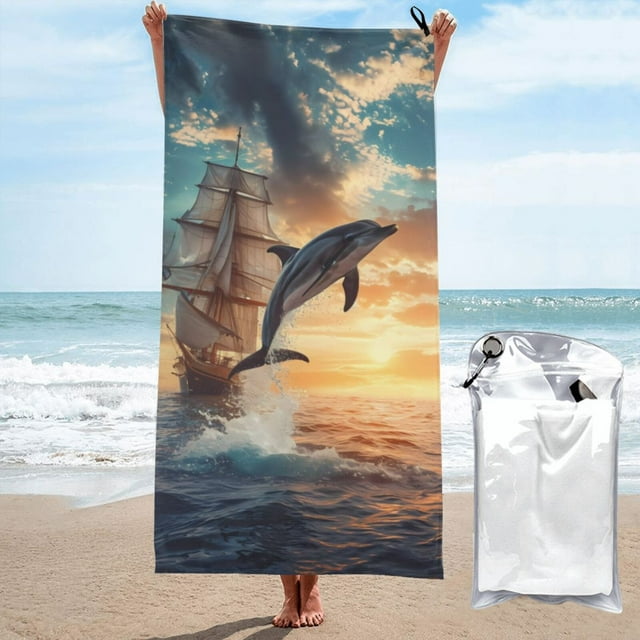 Daiia Sailing Dancing Dolphin Pattern Quick Dry Towel, Super Absorbent