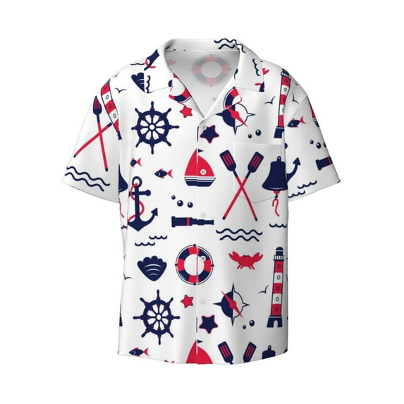 Daiia Sailing Marine Travel Men's Linen Shirts Short Sleeve Casual Shirts Button Down Shirt for Men Beach Summer Wedding Shirt-Large