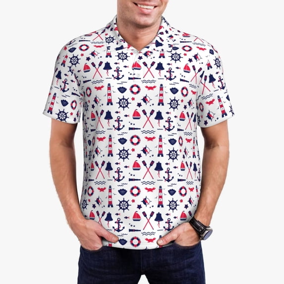 Daiia Sailing Marine Travel Pattern Men’s Polo Shirts,Solid Deck Shirt,Classic Fit, Breathable Cotton Polo for Casual and Sport Wear-X-Large