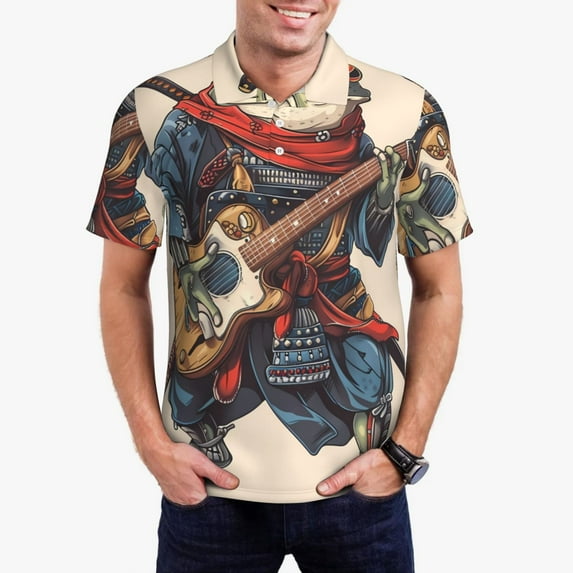 Daiia Samurai Frog Guitar Pattern Men’s Polo Shirts,Solid Deck Shirt,Classic Fit, Breathable Cotton Polo for Casual and Sport Wear-X-Large