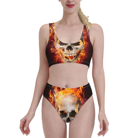 Daiia Satanic Skull printed 2 piece Swimsuit Bikinis for Women High Waisted Racerback Bathing Suits Summer Tummy Control Scoop Neck Swimwear-Large
