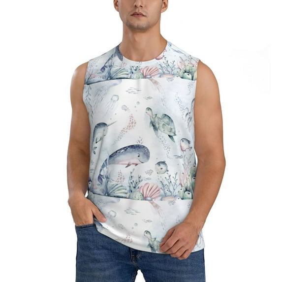 Daiia Sea Animals Printed Men's Tank Tops,Casual Soft Sleeveless Gym Muscle Shirts Bodybuilding Tee-3X-Large