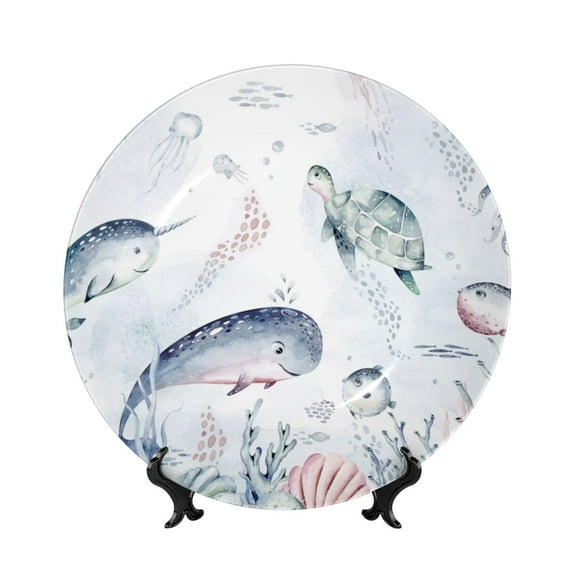 Daiia Sea Animals Printed Pattern Ceramic Plate Dinner Plates Bone China Decorative Plates with Display Stand Art Ceramic Ornaments for Wall Hanging Decoration-7in