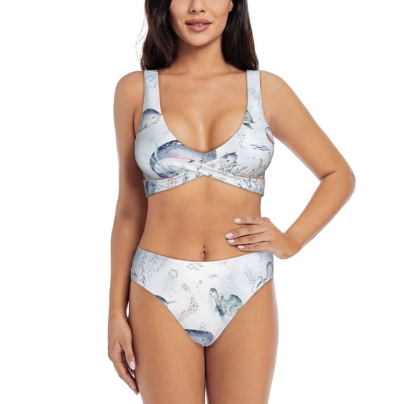 Daiia Sea Animals Women's Bikini Set Two Piece Swimsuit High Waisted Bikini Adjustable Straps Bikini Perfect for Beach, Pool, and Summer Vacation-Small