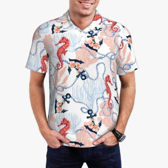 Daiia Sea Horse And Corals Pattern Men’s Polo Shirts,Solid Deck Shirt,Classic Fit, Breathable Cotton Polo for Casual and Sport Wear-X-Large