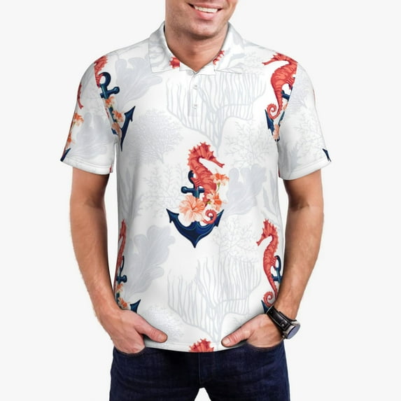 Daiia Sea Horse And Corals1 Pattern Men’s Polo Shirts,Solid Deck Shirt,Classic Fit, Breathable Cotton Polo for Casual and Sport Wear-Medium