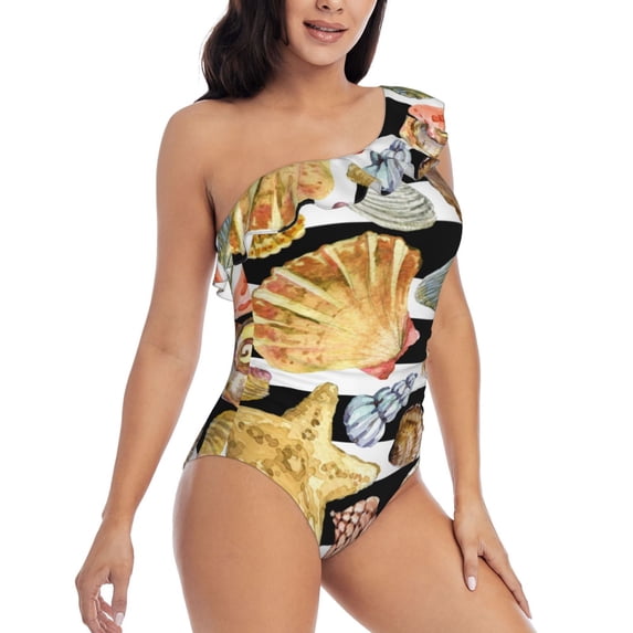 Daiia Sea Shell Women's One Piece Swimsuits Personalized One Shoulder Swimwear Asymmetric Ruffle Bathing Suits-XX-Large
