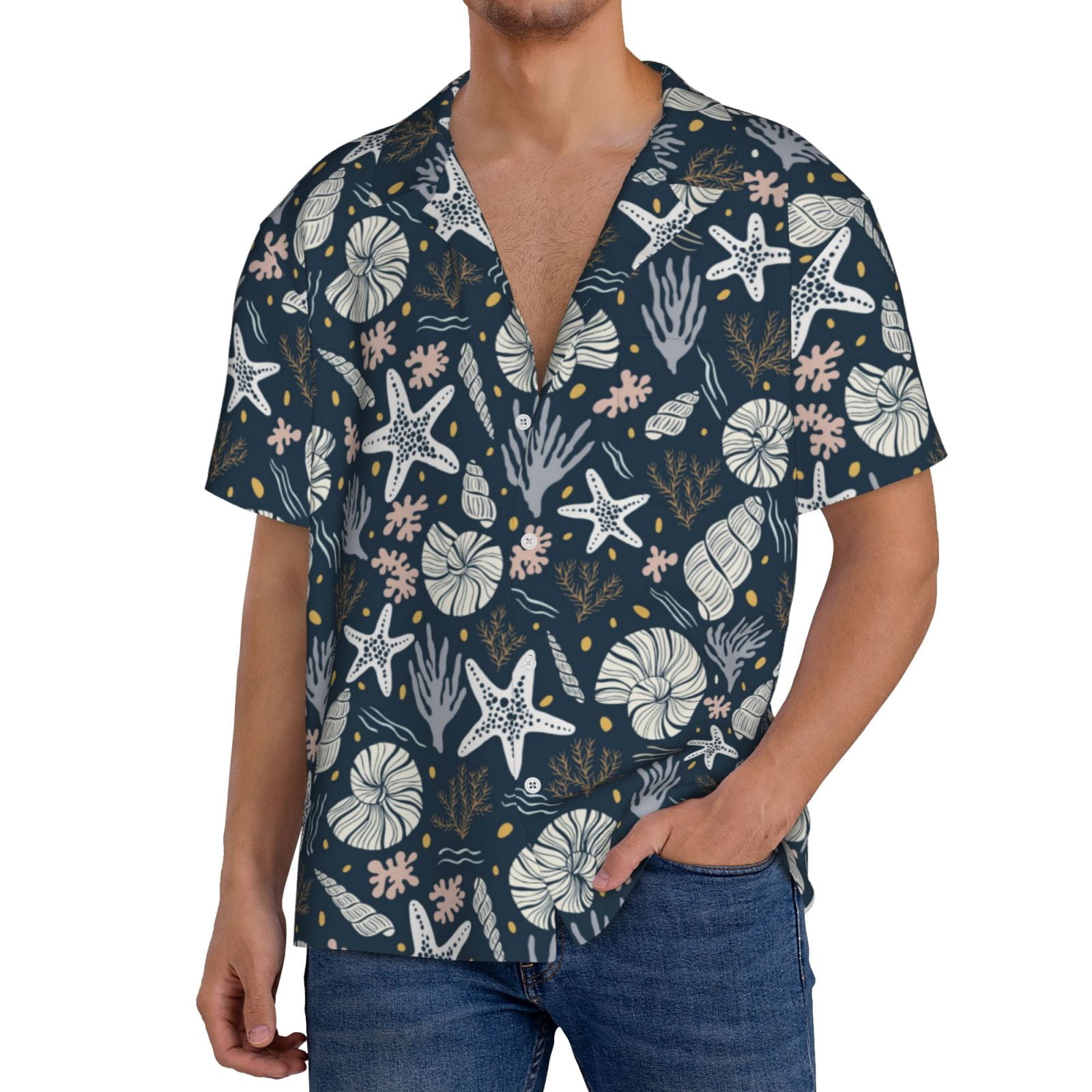 Shell Tops Men's Daiia Sea Shells 1 Men's Linen Shirts Short Sleeve Casual Shirts Button ...