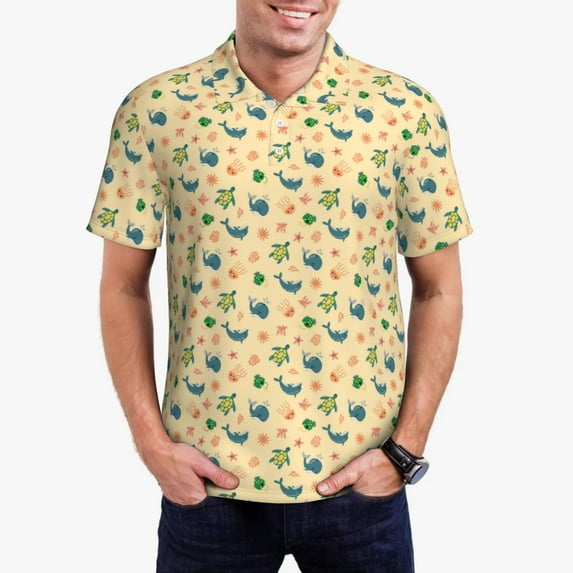 Daiia Sea Turtle And Whale Pattern Men’s Polo Shirts,Solid Deck Shirt,Classic Fit, Breathable Cotton Polo for Casual and Sport Wear-4X-Large