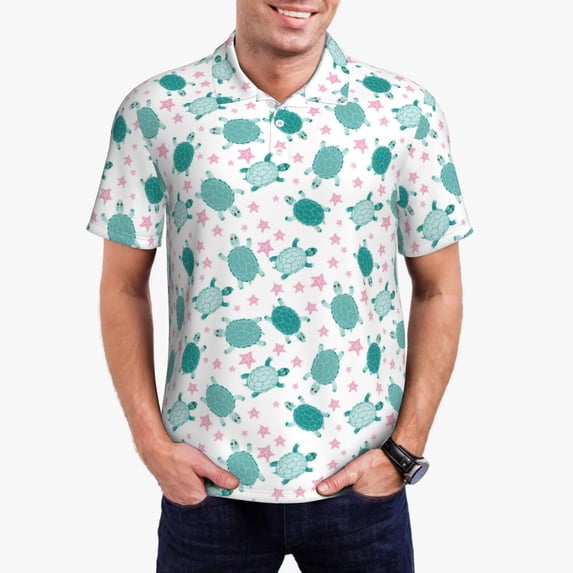 Daiia Sea Turtle Pattern Men’s Polo Shirts,Solid Deck Shirt,Classic Fit, Breathable Cotton Polo for Casual and Sport Wear-X-Large