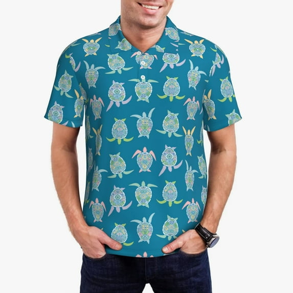 Daiia Sea Turtle Pattern Men’s Polo Shirts,Solid Deck Shirt,Classic Fit, Breathable Cotton Polo for Casual and Sport Wear-XX-Large
