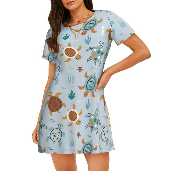 Daiia Sea Turtle Print Women's Nightshirt Soft Nightgowns for Women Short Sleeve dress Short-sleeved Sleepwear