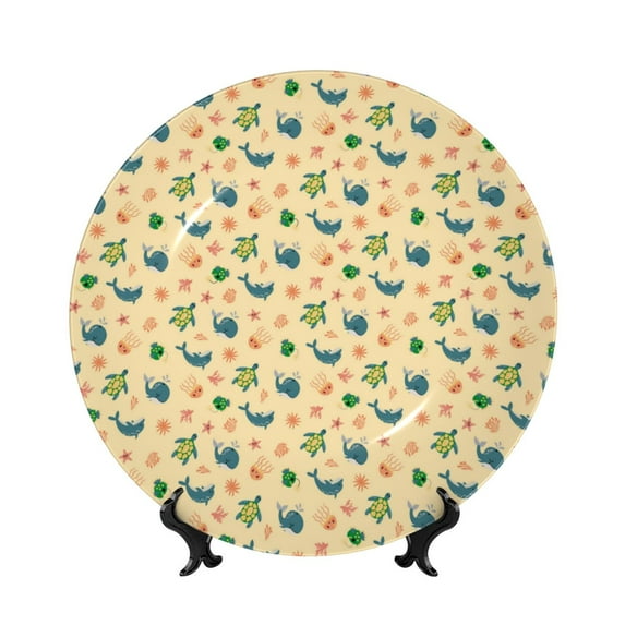 Daiia Sea Turtle And Whale Printed Pattern Ceramic Plate Dinner Plates Bone China Decorative Plates with Display Stand Art Ceramic Ornaments for Wall Hanging Decoration-6in