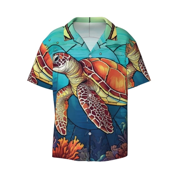 Daiia Sea Turtle in Coral Men's Linen Shirts Short Sleeve Casual Shirts Button Down Shirt for Men Beach Summer Wedding Shirt-Large