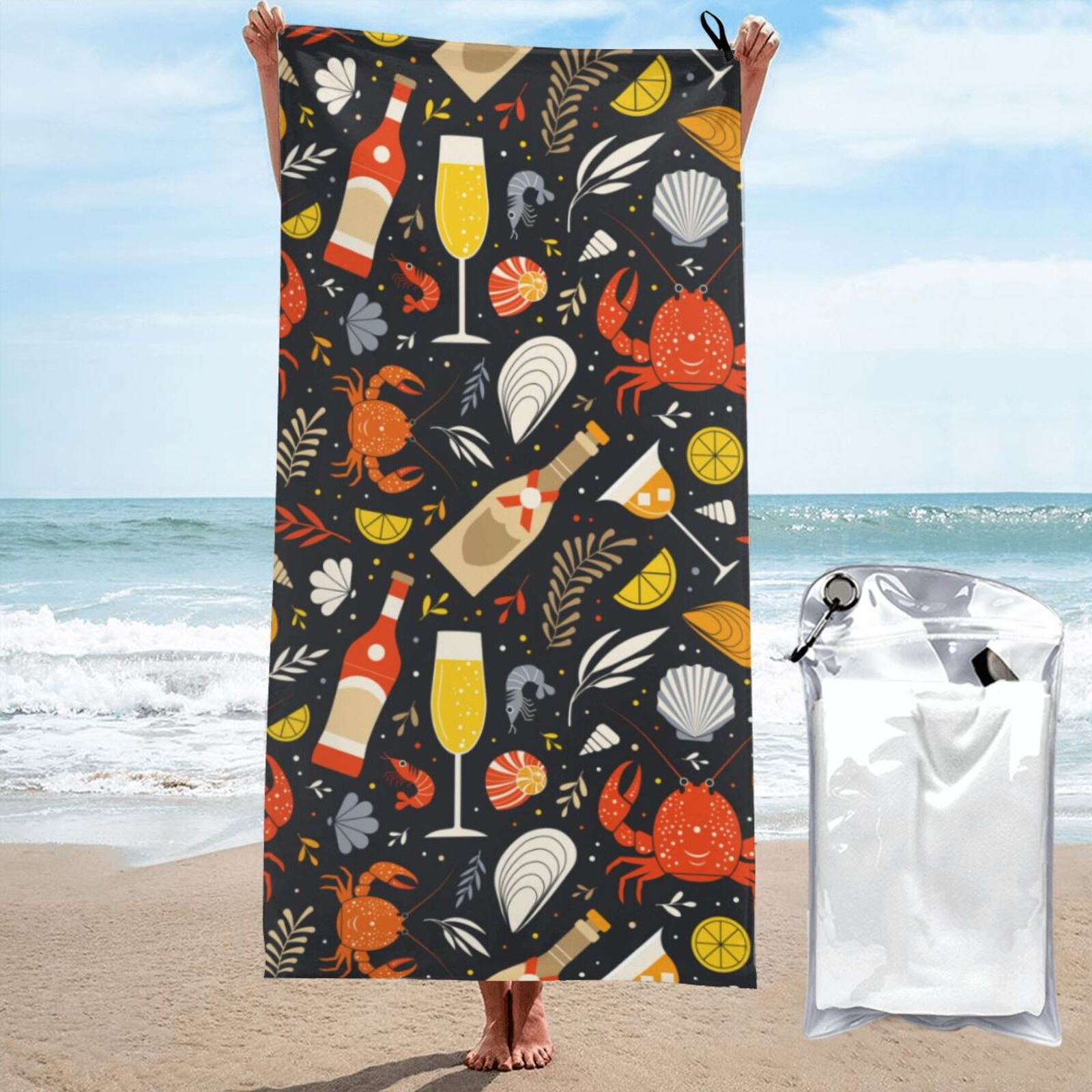 Daiia Seafood And Drinks Pattern Quick Dry Towel, Super Absorbent