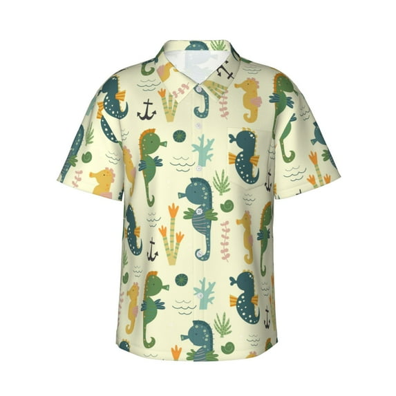 Daiia Seahorse Hawaiian Shirt for Men Gentle Cotton Regular Short Sleeve Casual-XX-Large