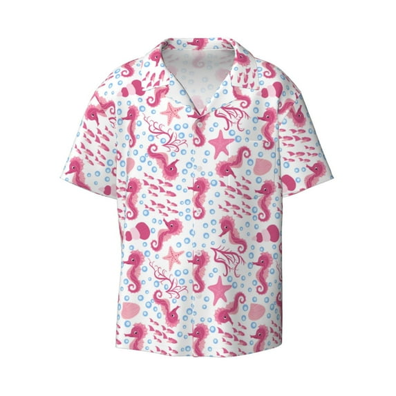 Daiia Seahorse and Starfish Men's Linen Shirts Short Sleeve Casual Shirts Button Down Shirt for Men Beach Summer Wedding Shirt-X-Large