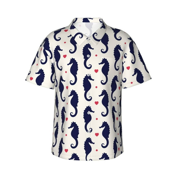 Daiia Seahorses and Hearts Hawaiian Shirt for Men Gentle Cotton Regular Short Sleeve Casual-X-Large