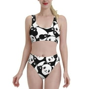 Daiia Seamless Pattern Cute Panda printed 2 piece Swimsuit Bikinis for Women High Waisted Racerback Bathing Suits Summer Tummy Control Scoop Neck Swimwear-Small