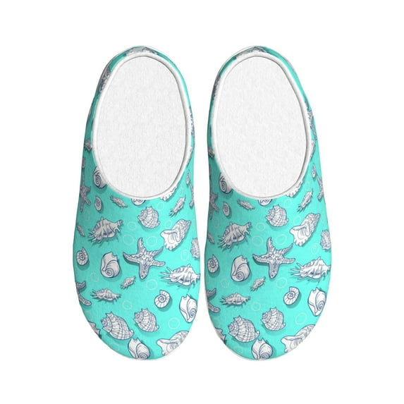 Daiia Seashell And Starfish Print Women’s Fuzzy Slippers Memory Foam Lightweight House Shoes Cozy Loafer Flannel House Shoes-35/36