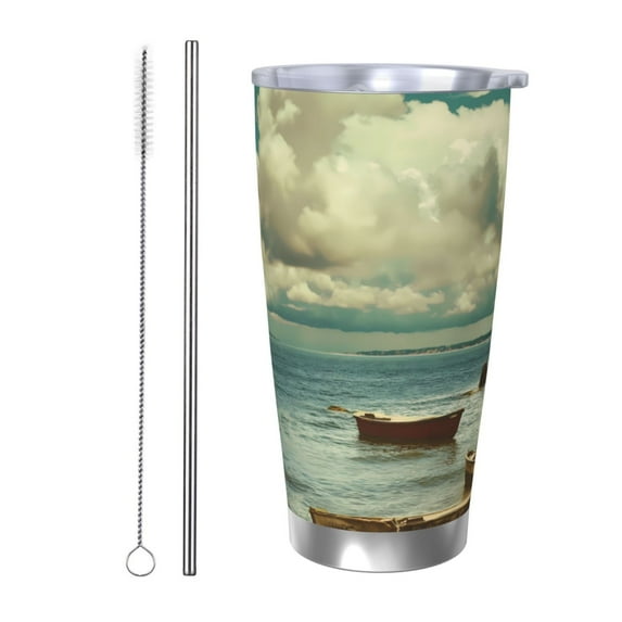 Daiia Serene Coastal Blue Sky Printed 20oz Insulated Coffee Cup with Straw Topper, Fully Spill Proof Travel Coffee Mug, Stainless Steel Tumbler for Work Home Outdoor Car-Straw