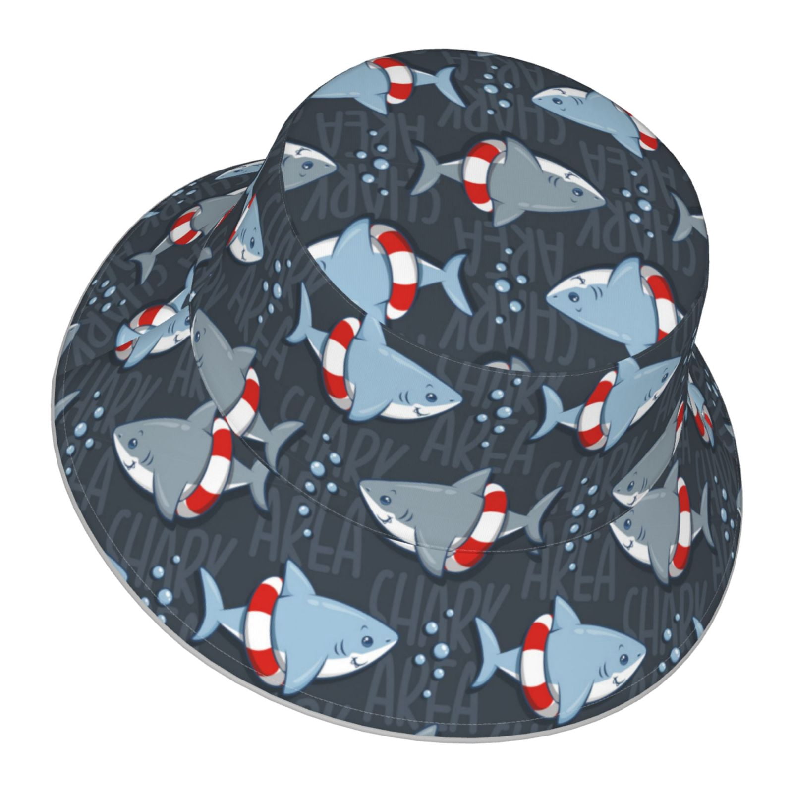 Daiia Shark Wearing Swim Ring Pattern Bucket Hat - Trendy Cotton Sun ...