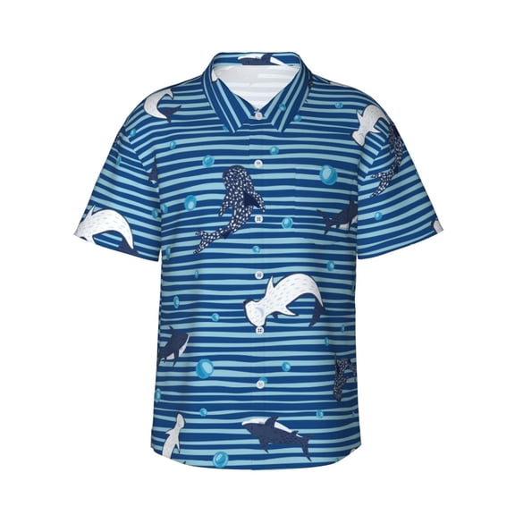 Daiia Sharks on White Blue Striped Hawaiian Shirt for Men Gentle Cotton Regular Short Sleeve Casual-XX-Large